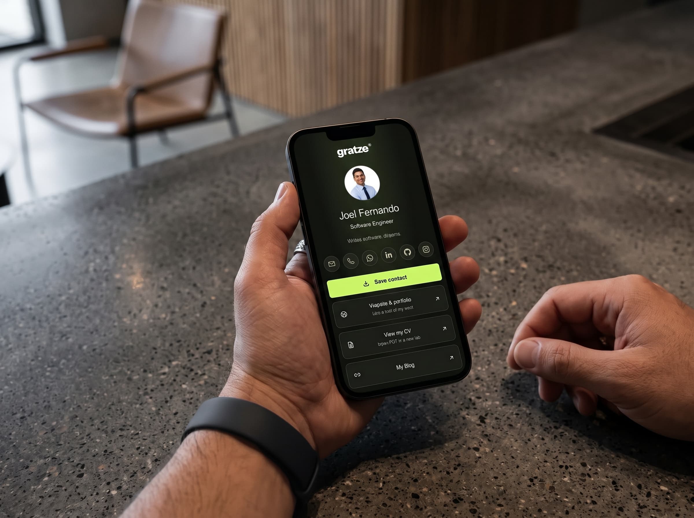 Viewing a shared Gratze profile on a phone while wearing the wristband